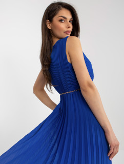 Kobaltově modré řasené midi šaty s páskem