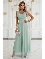 637-5 Dlouhé maxi šaty s brokátovým akcentem a hlubokým výstřihem - pistáciová barva