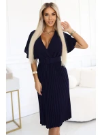 607-3 Plisované midi šaty LYRA s obálkovým výstřihem a širokým páskem - ZELENÉ