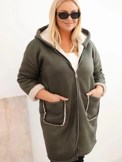 Dámská bunda Plus Size s kapucí a kapsami zateplená beránkem khaki