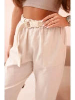 Dámské lněné kalhoty s bavlnou a páskem béžové