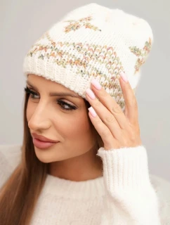 Dámská zimní čepice z vlny a s barevným vzorem K478 ecru