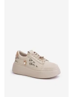 Dámské Kožené Sneakersy Na Platformě S Přišitými A Nápisem Vinceza 89102 Béžové Dámské Kožené Sneakersy Na Platformě S Přišitými A Nápisem Vinceza 89102 Béžové
