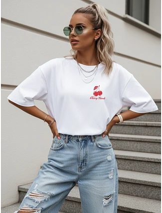 Dámské tričko oversize s potiskem Cherry Bomb, bílé, FashionStreet NX9507RY