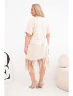 Dámské bavlněné šaty s výstřihem do V a třásněmi Plus size béžová