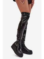 Lakované Kozačky Nad Kolena Na Platformě A S Delikátní Podpatkem Černé Tavina