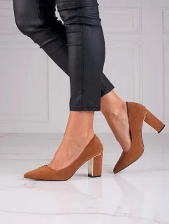 Dámské semišové lodičky na sloupkovém podpatku GD-OC-100C Camel hnědá - GOODIN