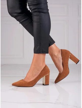 Dámské semišové lodičky na sloupkovém podpatku GD-OC-100C Camel hnědá - GOODIN