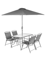 SADA ZAHRADNÍHO NÁBYTKU STŮL 4 ŽIDLE A SLUNEČNÍK ŠEDÁ