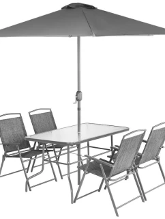 SADA ZAHRADNÍHO NÁBYTKU STŮL 4 ŽIDLE A SLUNEČNÍK ŠEDÁ