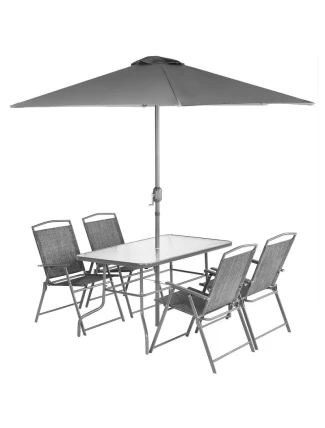 SADA ZAHRADNÍHO NÁBYTKU STŮL 4 ŽIDLE A SLUNEČNÍK ŠEDÁ