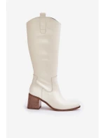 Kožené Holinky Před Kolena Na Podpatku Bílé Zazoo 3675