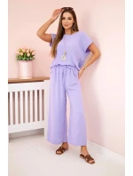 Viskózový komplet plisovaná halenka + kalhoty světle fialová