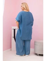 Dámská souprava Plus Size z tencelu halenka a kalhoty s vázáním džínový
