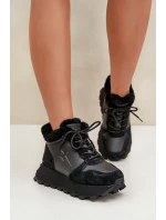 Kožené Sneakersy Kotníkové Dámské S Kožíškem Na Platformě Big Star OO274A329 Černé