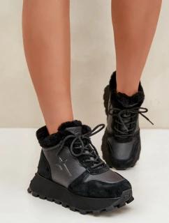 Kožené Sneakersy Kotníkové Dámské S Kožíškem Na Platformě Big Star OO274A329 Černé