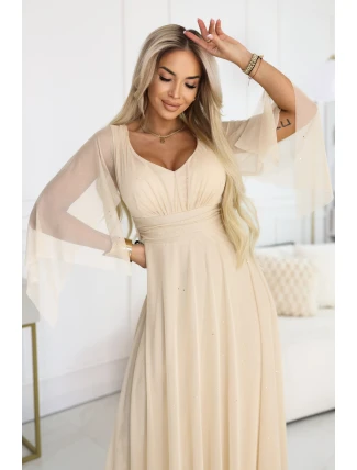 655-4 Dlouhé lehké třpytivé šaty s výstřihem a průhlednými rukávy - šampaňsko-béžová barva