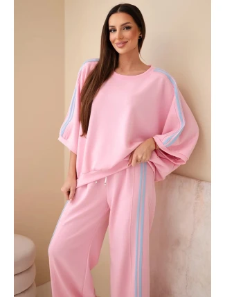 Dámský set viskózový máslový s širokou nohavicí a volnou blůzou světle růžový