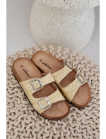 Materiálové pantofle na korkové podrážce s přezkami žluté Atera