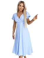 675-1 Midi šaty Blinky s obálkovým výstřihem a brokátovými třpytkami - modré