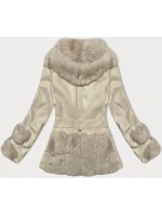 Dámská bunda z eko kůže v barvě ecru s kožešinovým límcem Way Mode (OMS-15WD-03)