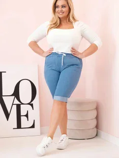 Dámské bavlněné šortky Plus Size s vázáním světlý denim