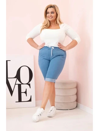 Dámské bavlněné šortky Plus Size s vázáním světlý denim Dámské bavlněné šortky Plus Size s vázáním světlý denim