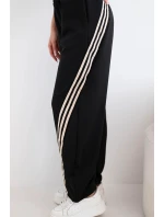 Dámské máslové kalhoty z viskózy s lampasem černé + béžové