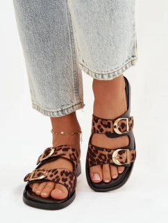 Dámské pantofle se zlatými sponami Leoparda Černo-hnědé Danelle