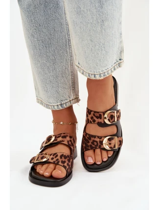Dámské pantofle se zlatými sponami Leoparda Černo-hnědé Danelle