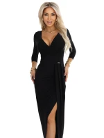 404-13 Elegantní dlouhé šaty s obálkovým výstřihem a rozparkem - černé