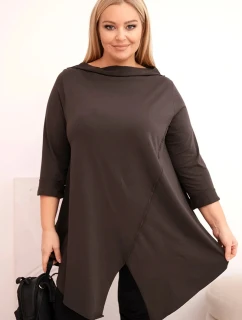 Dámská bavlněná blůza Plus Size asymetrická s ohrnutým rukávem hnědá