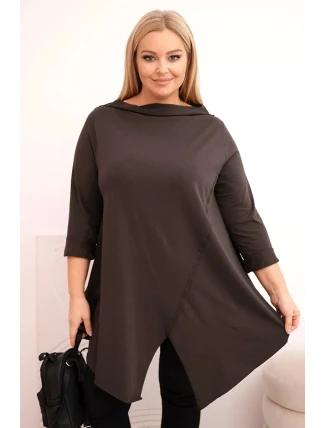 Dámská bavlněná blůza Plus Size asymetrická s ohrnutým rukávem hnědá