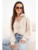 Dámská košile z viskózy s dlouhým rukávem a volánky béžová