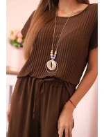 Viskózový komplet plisovaná halenka + kalhoty hnědý