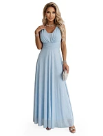 637-6 Večerní dlouhé šaty s brokátovým akcentem a hlubokým výstřihem - modré