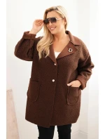 Dámský kabát Plus Size beránek s vlnou a kapsami čokoládový