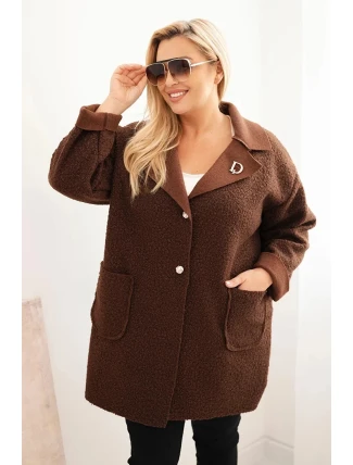Dámský kabát Plus Size beránek s vlnou a kapsami čokoládový