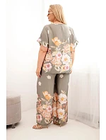 Dámský komplet Plus Size s halenkou a kalhotami s květinovým vzorem a širokými nohavicemi khaki