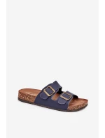 Dámské pantofle na korkové platformě s přezkami – tmavě modré