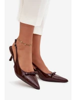 Dámské lakované lodičky na jehlovém podpatku s mašlí Olvena – čokoládové Dámské lakované lodičky na jehlovém podpatku s mašlí Olvena – čokoládové