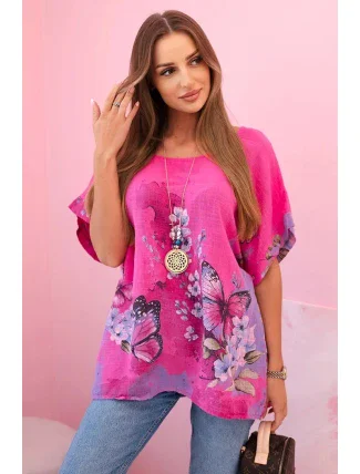 Dámská bavlněná košile s motýly a květinami růžový