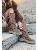 Kožené semišové dámské kozačky s přezkami zateplené Big Star OO274A182 béžové