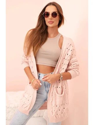 Dámský kardigan s kapsami a krajkový pudrově růžový