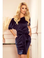 CASSIE - Tmavě modré dámské velurové šaty s krátkými rukávy 249-5 CASSIE - Tmavě modré dámské velurové šaty s krátkými rukávy 249-5