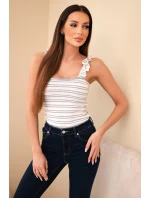 Dámská žebrovaná pruhovaná halenka na ramínkách s volánkem šedá