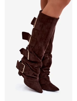 Dámské kozačky na sloupku a zlatými přezkami – čokoládové Isavelle