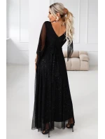 655-1 Dlouhé lehké třpytivé šaty s výstřihem a průhlednými rukávy - černé 655-1 Dlouhé lehké třpytivé šaty s výstřihem a průhlednými rukávy - černé