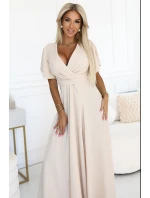 581-6 JENNIFER dlouhé šaty s rozparkem na nohou, rukávy a výstřihem - BEACH