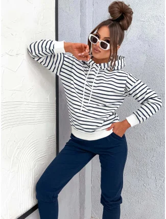 Tmavě modrý bavlněný dámský teplákový komplet s pruhovanou mikinou (82173)